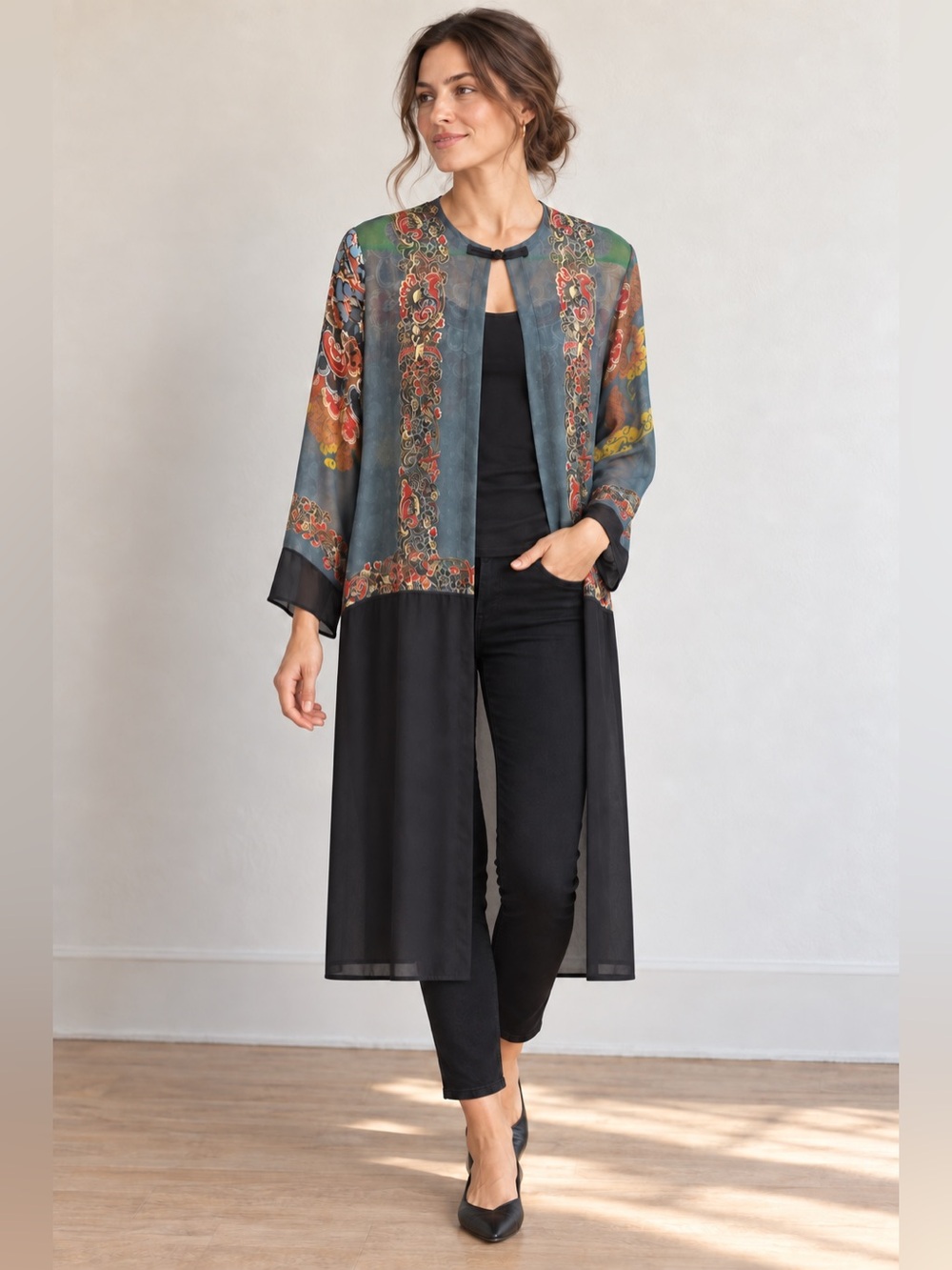 CITRON Santa Monica Black Floral 100% Silk Kimono Cardigan Duster Size S Artsy